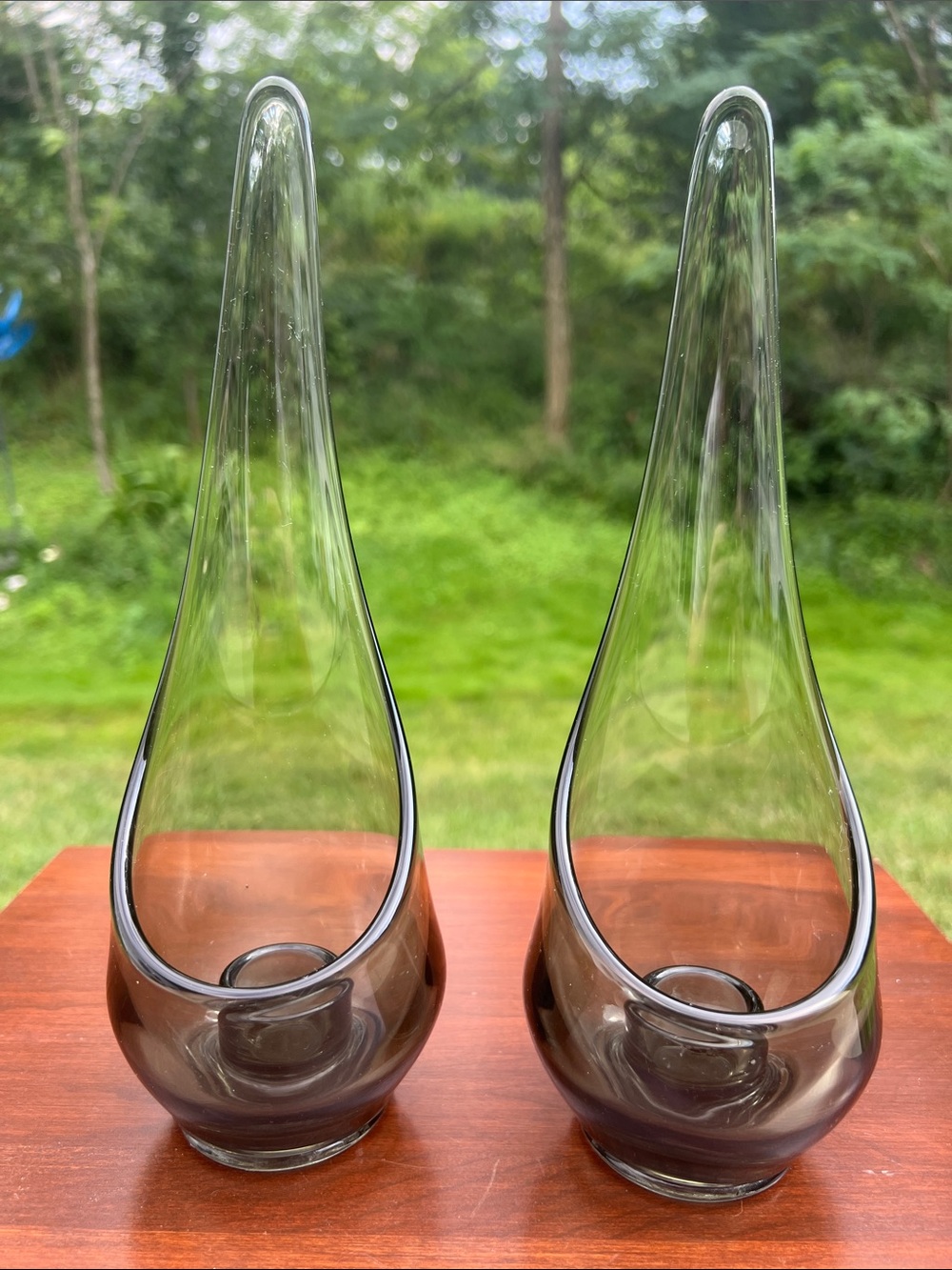 2 Vintage Viking MCM Smoke Gray Hand Blown Swung Glass Epic Taper Candle Holders